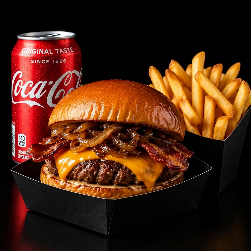 Cheddar Bacon + Fritas Individual + Coca Lata